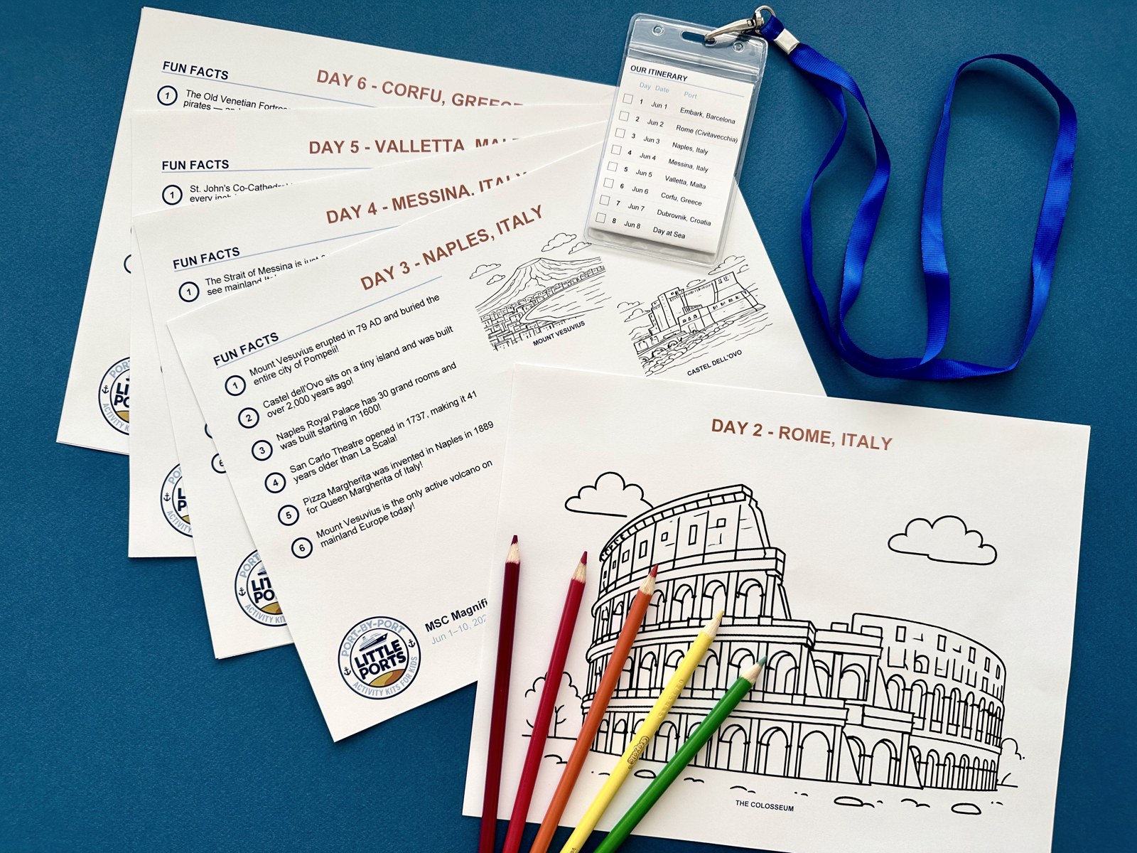 Sample port cards, fun facts, itinerary lanyard, and colored pencils